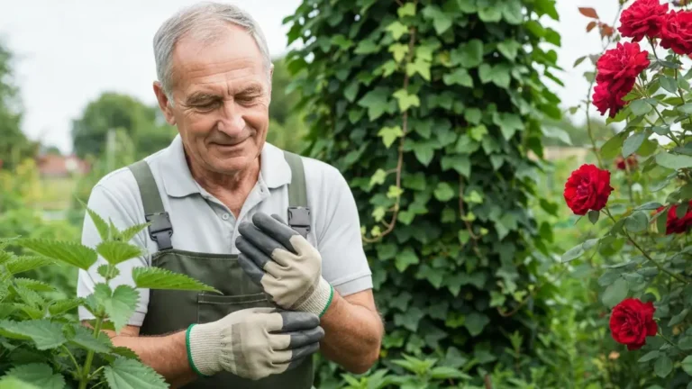 Gardener's hands with contact dermatitis and plant allergen sources in garden