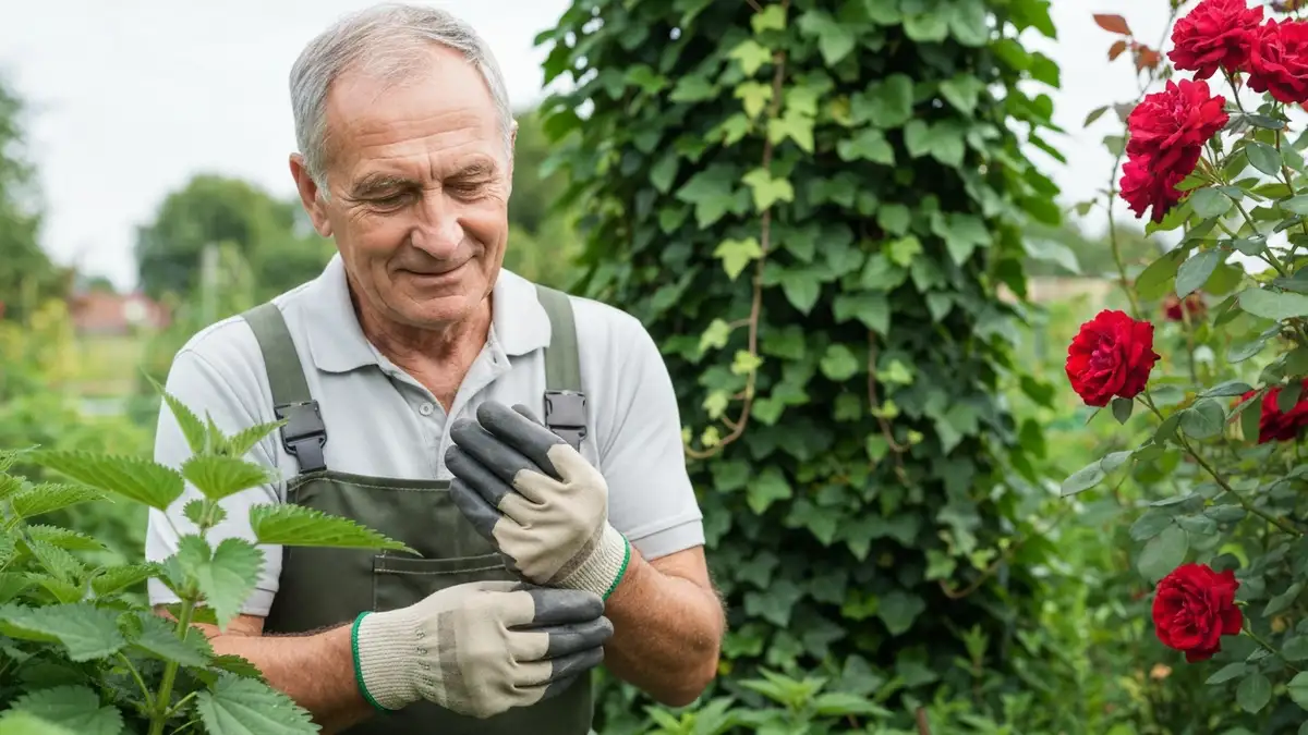 Gardener's hands with contact dermatitis and plant allergen sources in garden