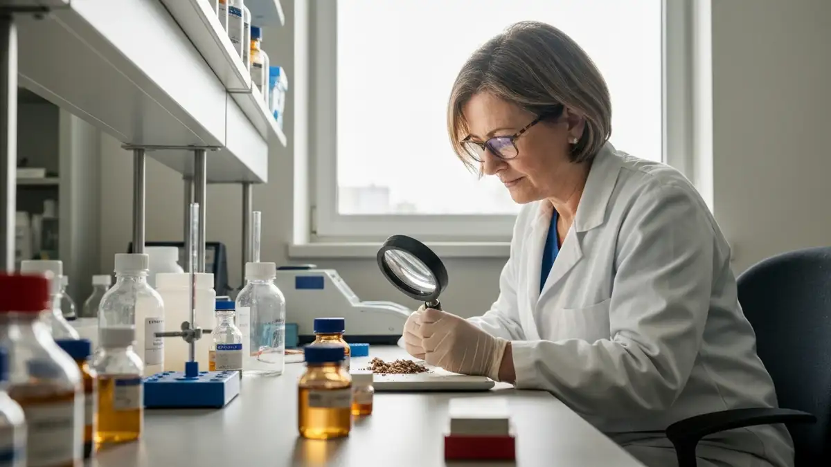 Pracownica laboratorium chemiczno-rolniczej badająca próbkę gleby pod lupą na stole roboczy obok flaszy z odczynnikami analitycznymi