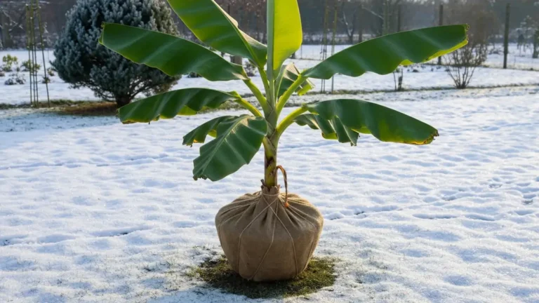 Bananowiec Basjoo w polskim ogrodzie z ochroną zimową z agroteksturą