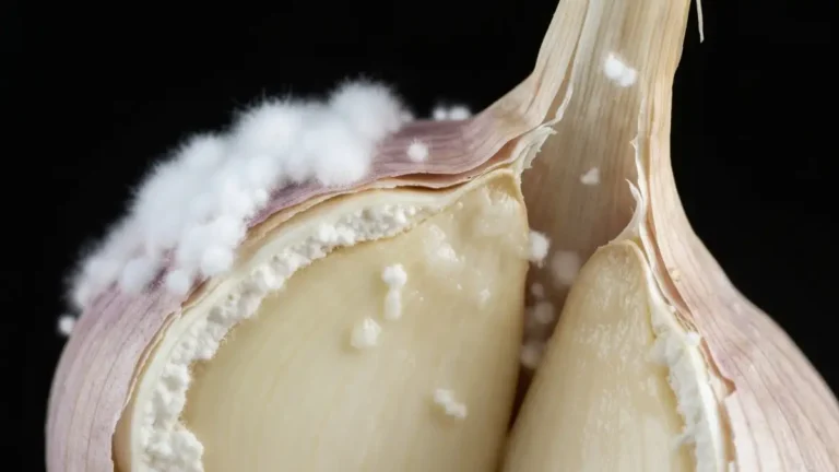 Biała zgnilizna na czosnku - bulwa z białym mycelium i zgniliznią na szyjce