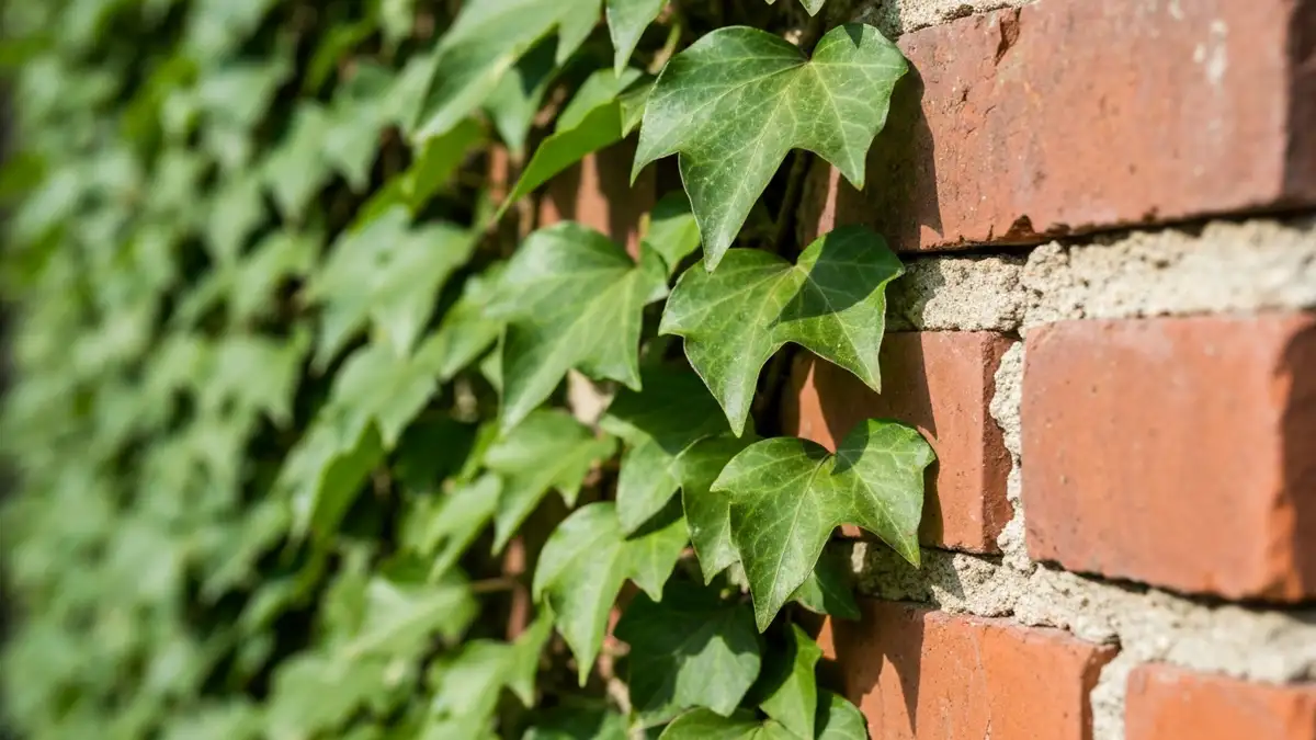 Bluszcz pospolity (Hedera helix) zarastający mur i prowadzący do uszkodzenia tynku - przykład ekspansji chwasta inwazyjnego w ogrodzie