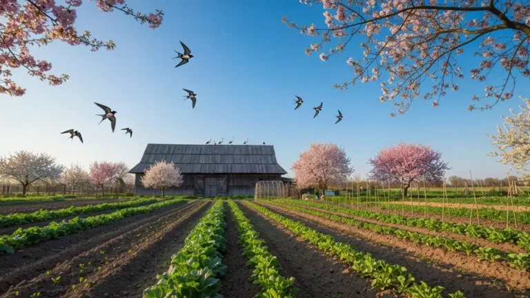 Bociany na dachu i jaskółki latające nad ogrodem wiosną - naturalne znaki sezonu