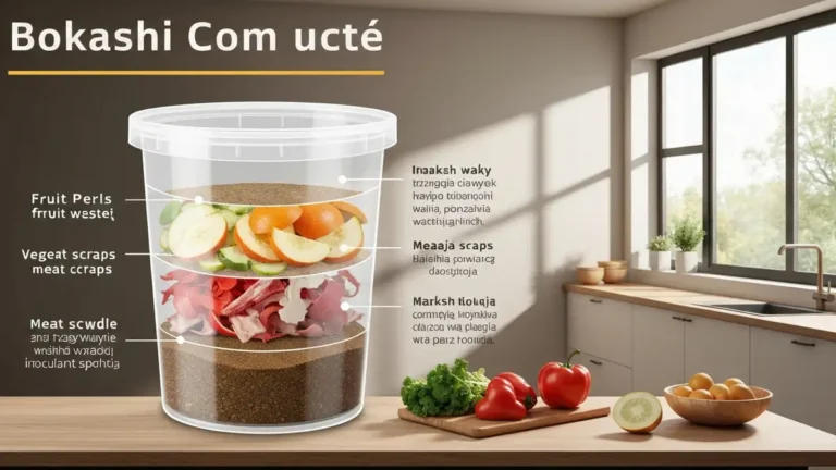 Wiadro do bokashi z warstwami odpadów i inokulanta, kran do drażu cieczy, otoczone świeżymi warzywami w kuchni