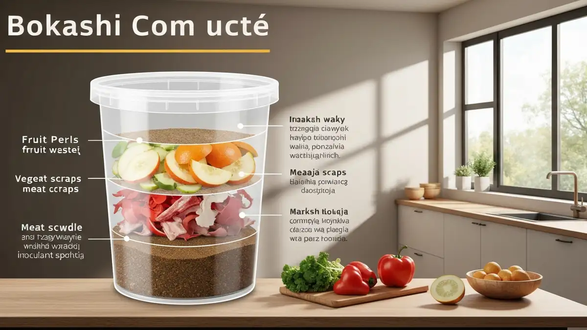 Wiadro do bokashi z warstwami odpadów i inokulanta, kran do drażu cieczy, otoczone świeżymi warzywami w kuchni