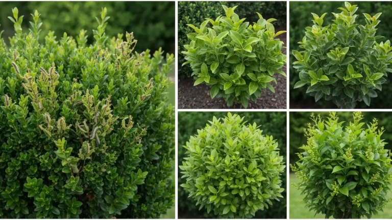 Bukszpan zniszczony przez ćmę bukszpanową obok zdrowych alternatyw - Euonymus, Ilex i Ligustrum