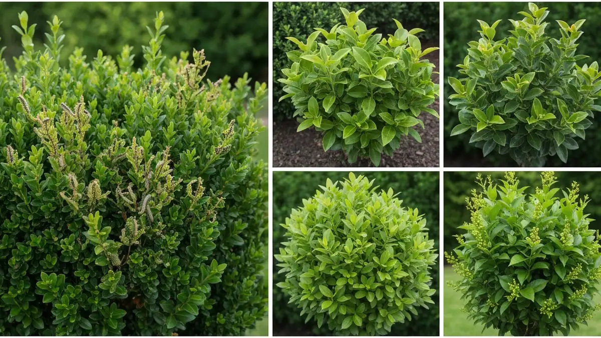 Bukszpan zniszczony przez ćmę bukszpanową obok zdrowych alternatyw - Euonymus, Ilex i Ligustrum