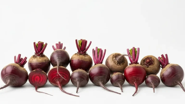Siedem odmian burakow ćwikłowych ułożonych w rzędzie - Detroit Dark Red, Tondo di Chioggia, Cylindra, Pablo F1 i inne, pokazujące różne rozmiary i kształty