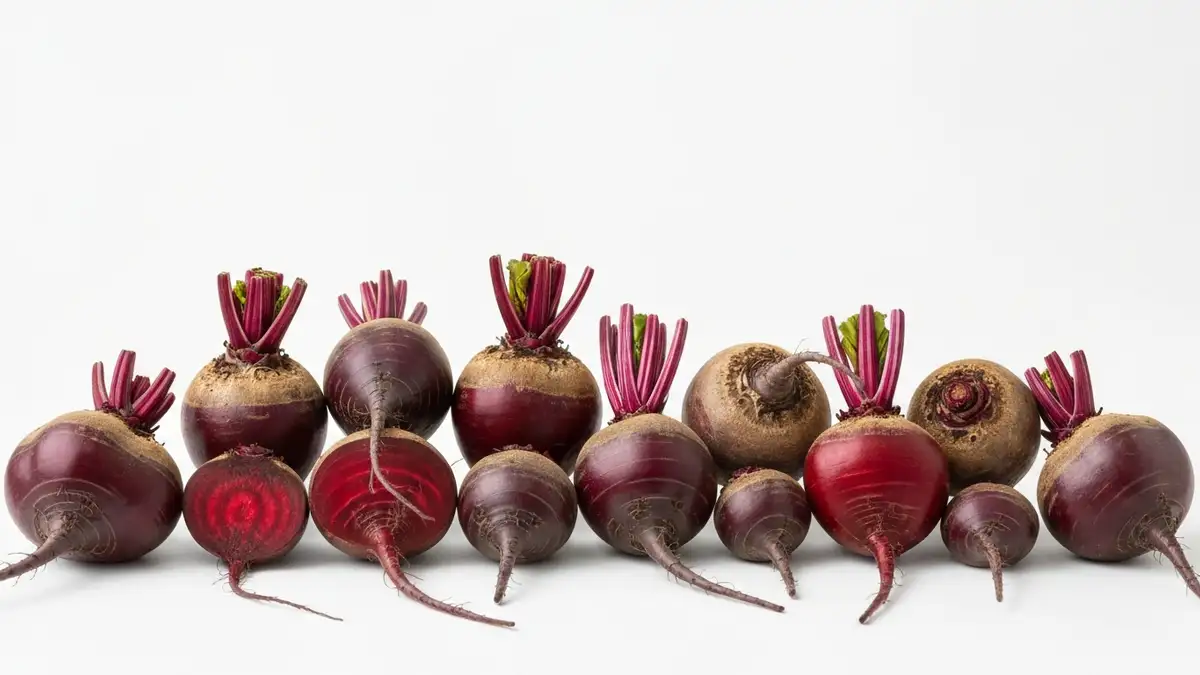 Siedem odmian burakow ćwikłowych ułożonych w rzędzie - Detroit Dark Red, Tondo di Chioggia, Cylindra, Pablo F1 i inne, pokazujące różne rozmiary i kształty
