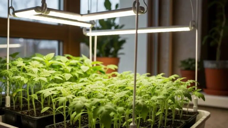 Rozsada pod lampami LED - tuby podwieszone nad siewkami pomidorów i papryki w pudełkach