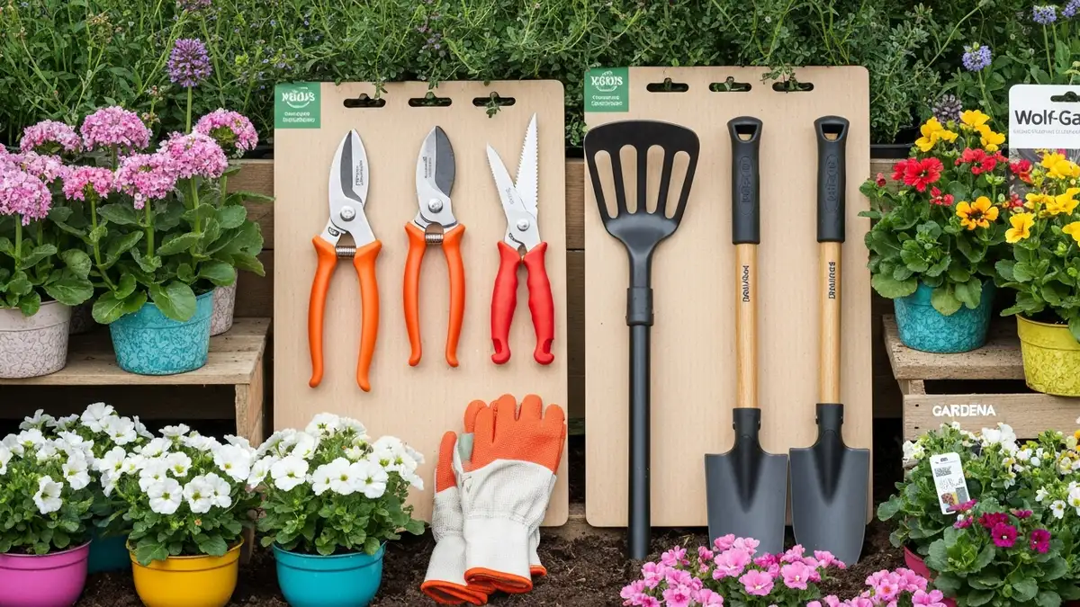 Trzy marki narzędzi ogrodowych - Fiskars, Gardena i Wolf-Garten - narzędzia ręczne obok siebie