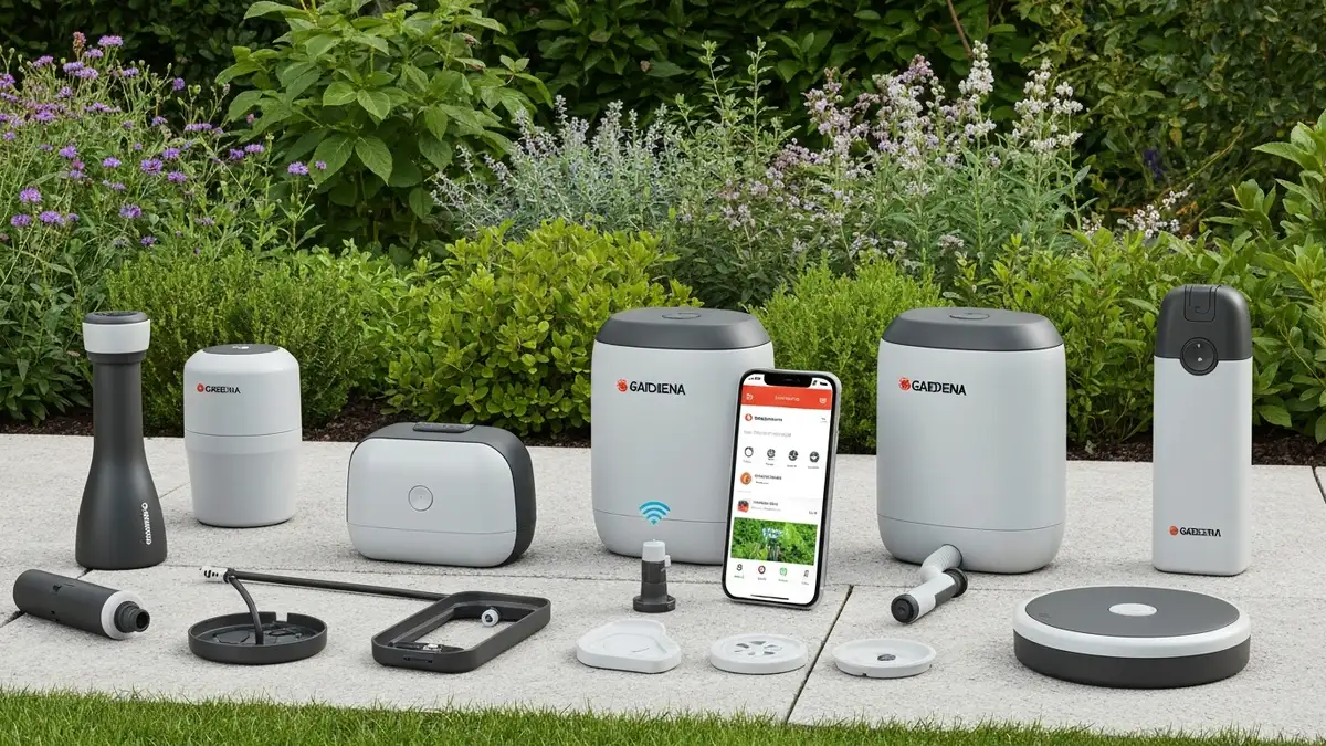 Kompletny zestaw Gardena Smart System z Gateway, czujnikami wilgotności, zaworami i aplikacją mobilną na ekranie smartfona