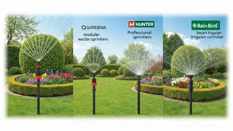 Porównanie trzech systemów nawadniania: Gardena, Hunter i Rain Bird obok siebie w ogrodzie