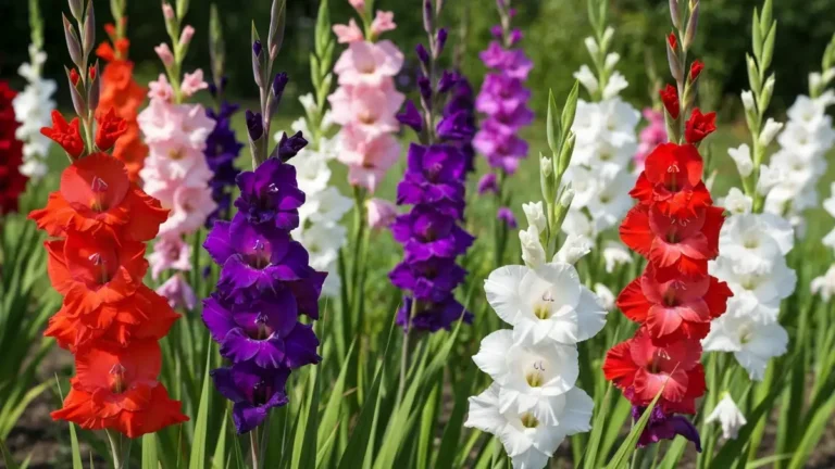 Różnokolorowe kwitnące gladiole (mieczyki) w ogrodzie - czerwone, różowe, fioletowe, białe