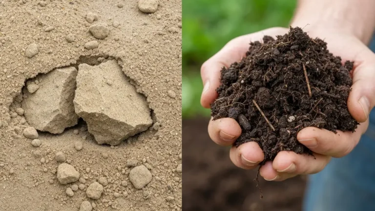 Porównanie gleby piaszczystej (jasna, rozpuszcze się w ręku) i gleby ulepszonej (ciemna z materią organiczną, klejąca się)