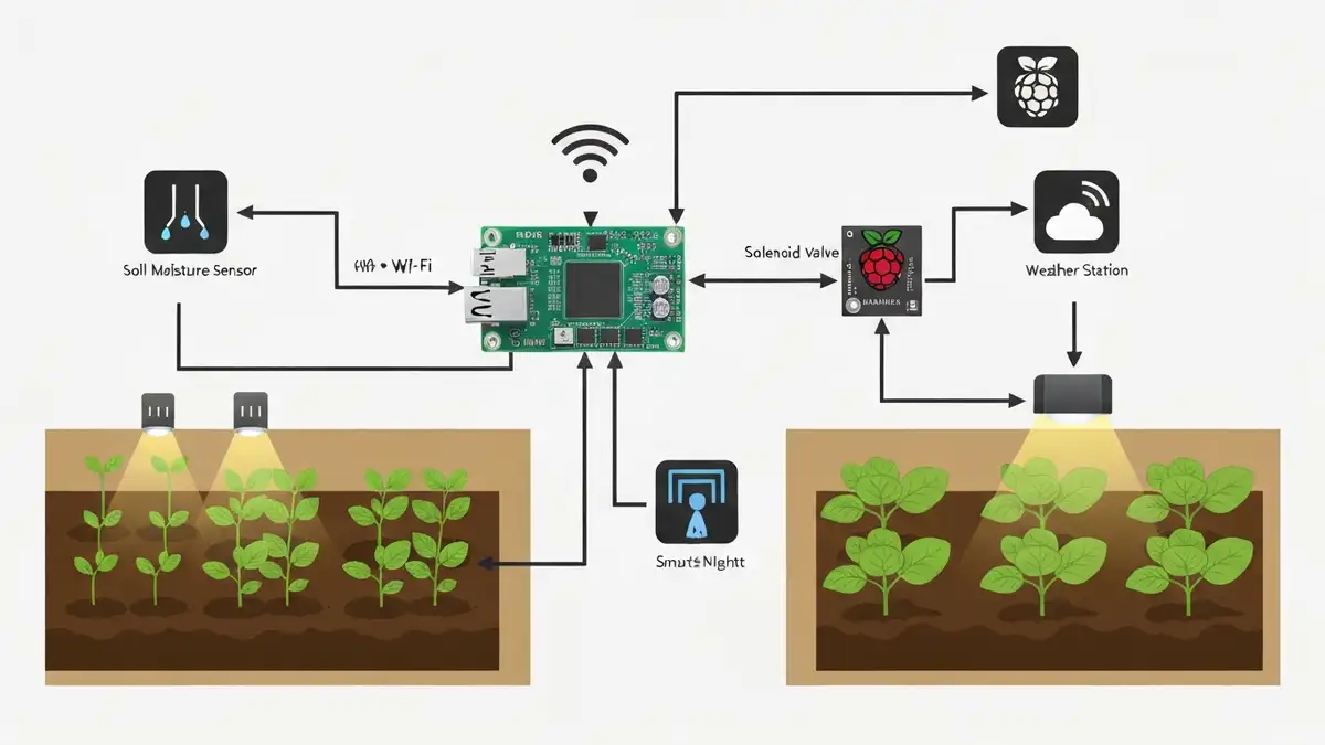 Schemat połączenia Home Assistant z czujnikami i urządzeniami w inteligentnym ogrodzie - Raspberry Pi jako centralny sterownik, czujniki wilgotności, zawory elektromagnetyczne i oświetlenie LED