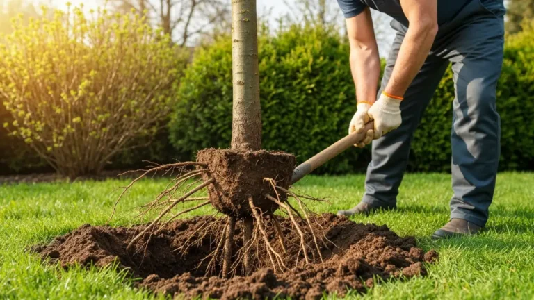 Ogrodnik kopie drzewo techniką koła korzeniowego w wiosenne słońce, z widocznym systemem korzeniowym i gruzem wokół