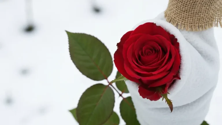 Róża okryta agrofibą i czapeczką zimową w zaśnieżonym ogrodzie, widok zbliżony na technikę otulania