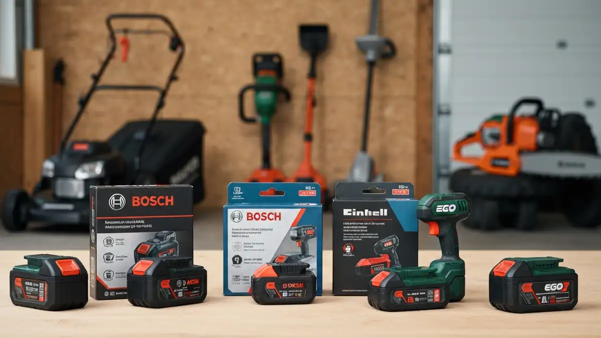 Cztery akumulatory od producentów Makita, Bosch, Einhell i EGO ułożone obok siebie z kompatybilnymi narzędziami ogrodowymi – podkaszarka, piła łańcuchowa, docinarki gałęzi, reprezentujące system uniwersalnych baterii