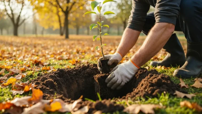 Ustawienie młodego drzewa owocowego w dołku z kompostem w jesiennym ogrodzie, ręce ogrodnika trzymające sadzaniec, liście jesienią w tle