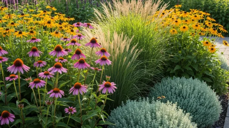 Naturalistyczna rabata z jeżówkami purpurowymi i rudbeckią żółtą w pełnym kwitnięciu