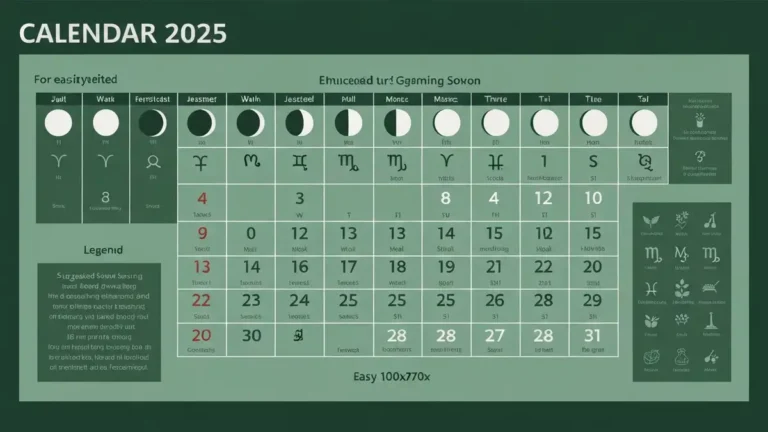 Kalendarz księżycowy 2025 z fazami Księżyca, datami siewu i symbolami znaków zodiaku dla ogrodnika