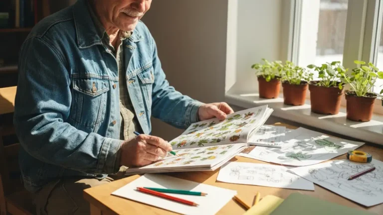 Ogrodnik trzymający katalog nasion przy stole z planem ogrodu, notatnikiem i narzędziami do rysowania, zimowe światło słoneczne przez okno