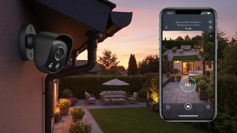 Kamera WiFi zamontowana na okapie ogrodu, monitorująca działkę w dzień i noc