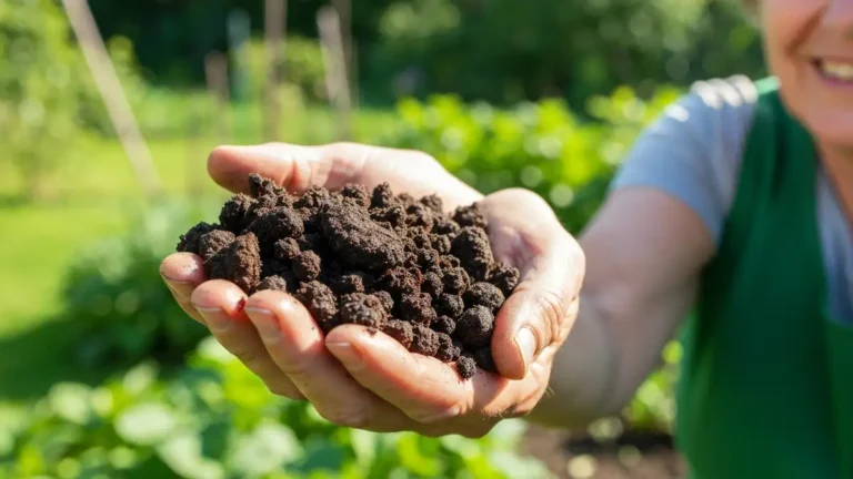 Dojrzały kompost w dłoni - ciemnobrązowy, spęchniały, bez widocznych kawałków organicznych
