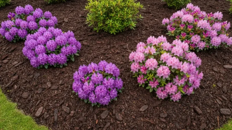 Kora sosnowa rozłożona wokół rododendronów w ogrodzie, widok z góry
