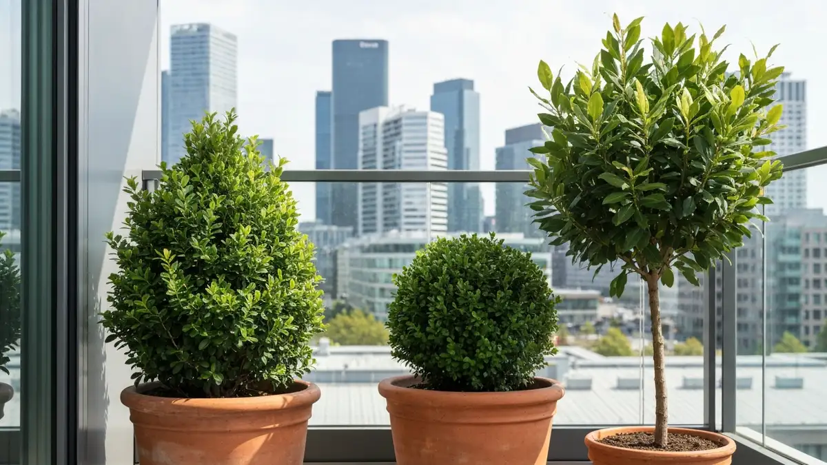 Laurowiśnia i buxus w ozdobnych donicach na balkonie z zielonymi krzewami - zimozielone krzewy ogrodnicze na taras