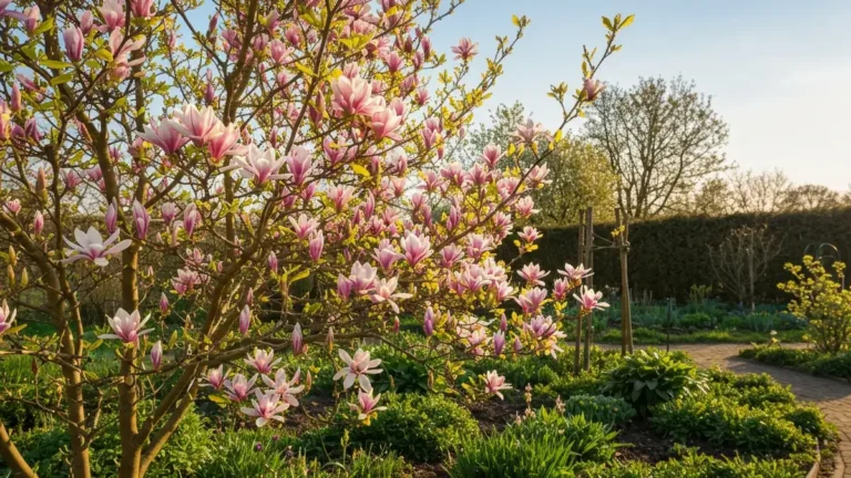 Magnolia gwiazdkowata w pełnym rozkwicie w polskim ogrodzie wiosennym