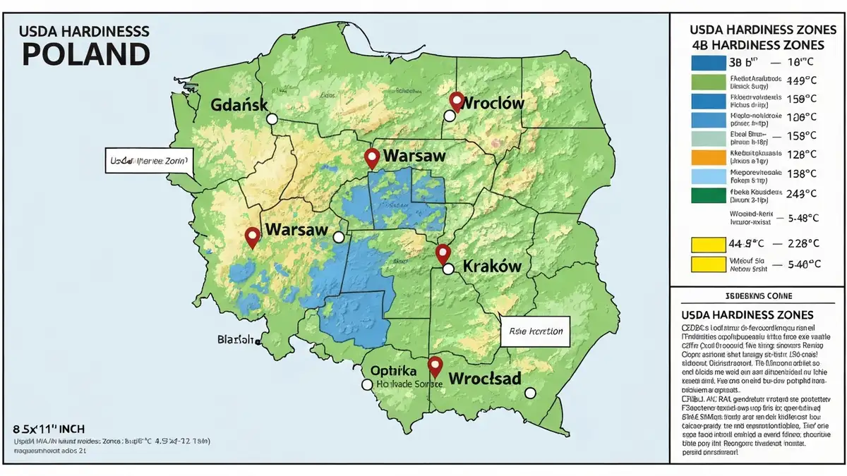 Mapa stref mrozoodporności USDA w Polsce z kolorami dla stref 3b, 4a, 4b, 5a - Gdańsk, Warszawa, Kraków, Wrocław zaznaczone na mapie