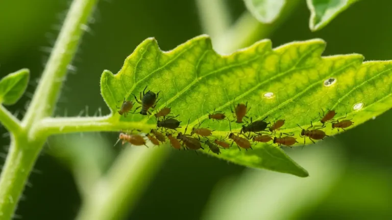 Makro zdjęcie mszyc na liściu pomidora z widocznymi szkodami
