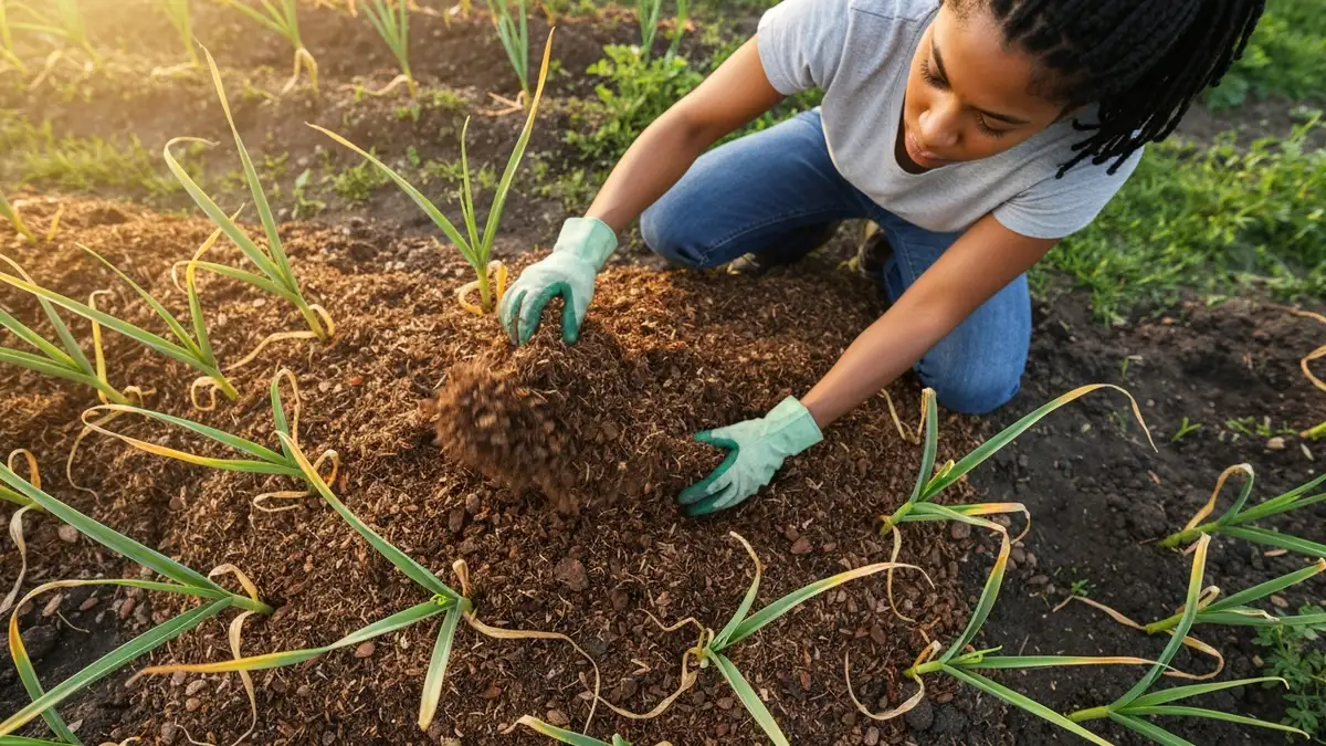 Pracownik ogrodniczy aplikuje brązowy mulcz organiczny (łupki, kora) wokół młodego czosnku w ogrodzie przydomowym podczas wiosennego sezonu