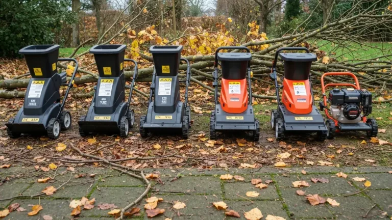 Pięć rozdrabniczów ogrodowych w teście: modele elektryczne i spalinowe do 2000 zł ustawione w rzędzie na tle zielony ogrodu z gałęziami i liśćmi