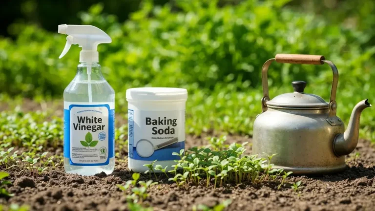 Trzy metody naturalnego zwalczania chwastów - ocet, soda oczyszczająca i wrzątek w butelkach obok młodych chwastów w ogrodzie