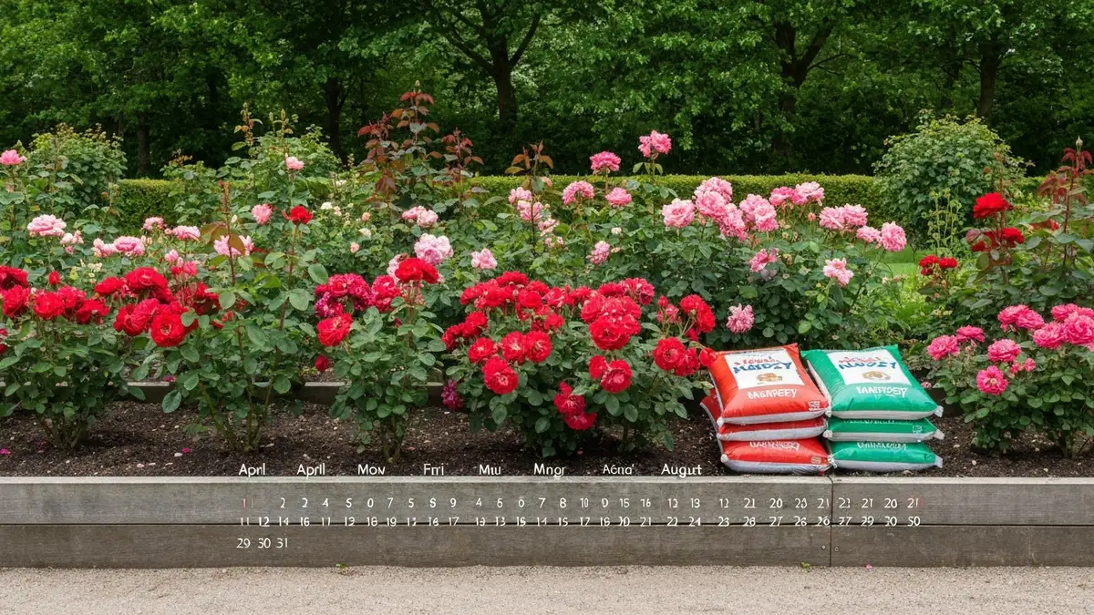 Kwitnące róże na grządce z rozliczeniem harmonogramu nawożenia od kwietnia do sierpnia
