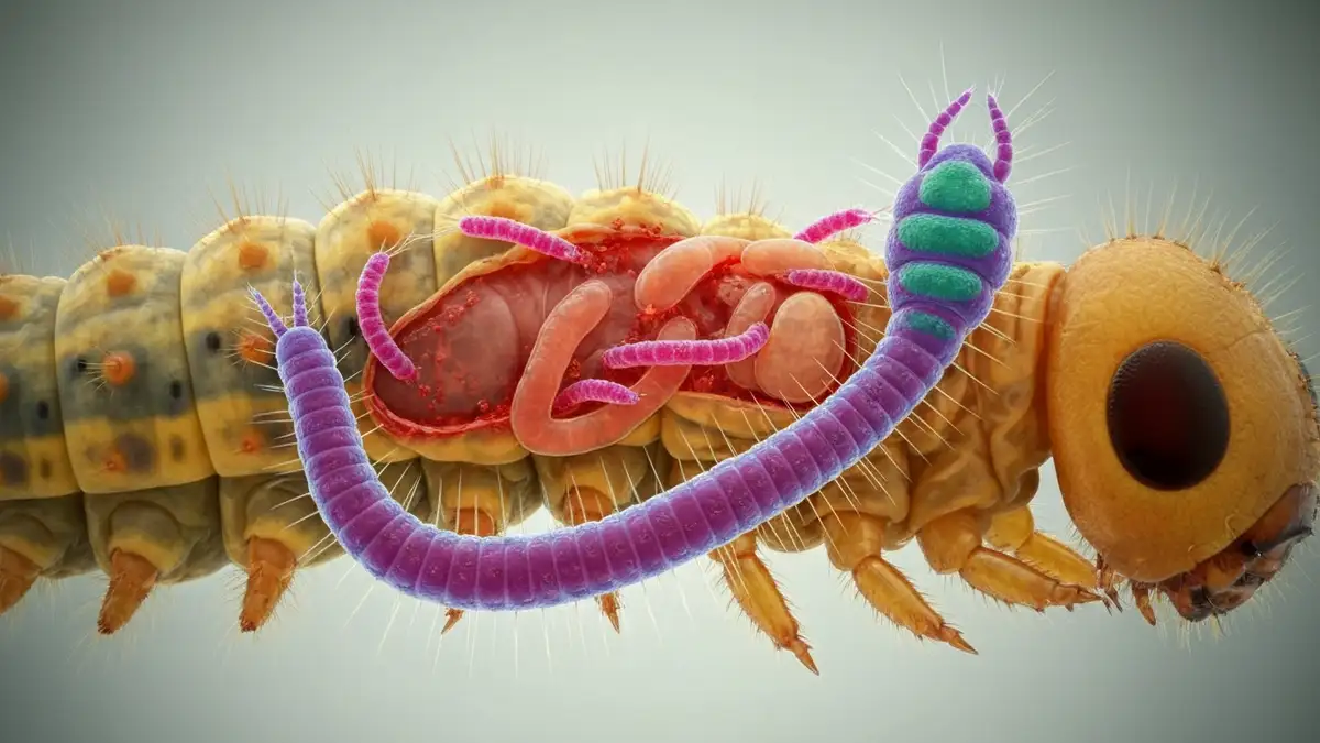 Nicień entomopatogeniczny atakujący larwę owada pod mikroskopem, ochrona biologiczna w ogrodzie