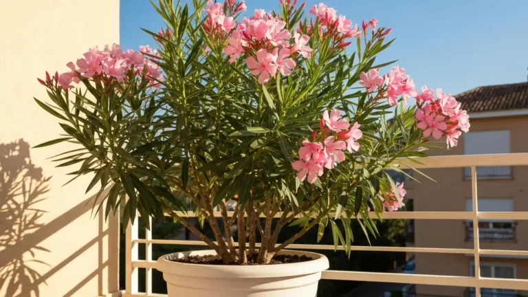 Oleander z różowymi kwiatami rosnący w białej donicy na słonecznym tarasie, tło miasta