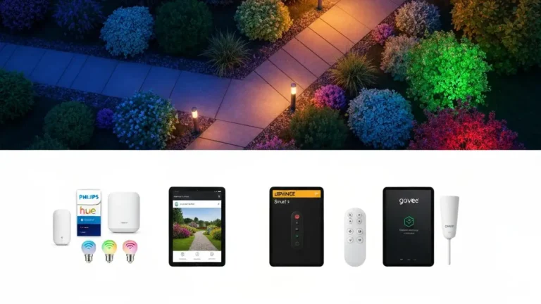 Porównanie trzech systemów oświetlenia ogrodowego Smart: Philips Hue Outdoor w eleganckim czarnym opakowaniu, lampy LEDVANCE Smart+ w komplecie ze sterowaniem, oraz kompaktowe lampy Govee oświetlające trawnik i rabaty kwiatowe wieczorem