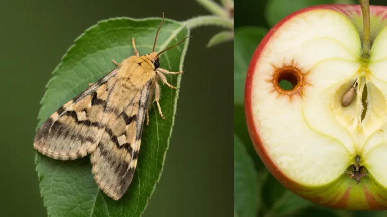 Owocówka jabłkóweczka - motyl i larwa wewnątrz jabłka ze widocznym otworem wlotowym