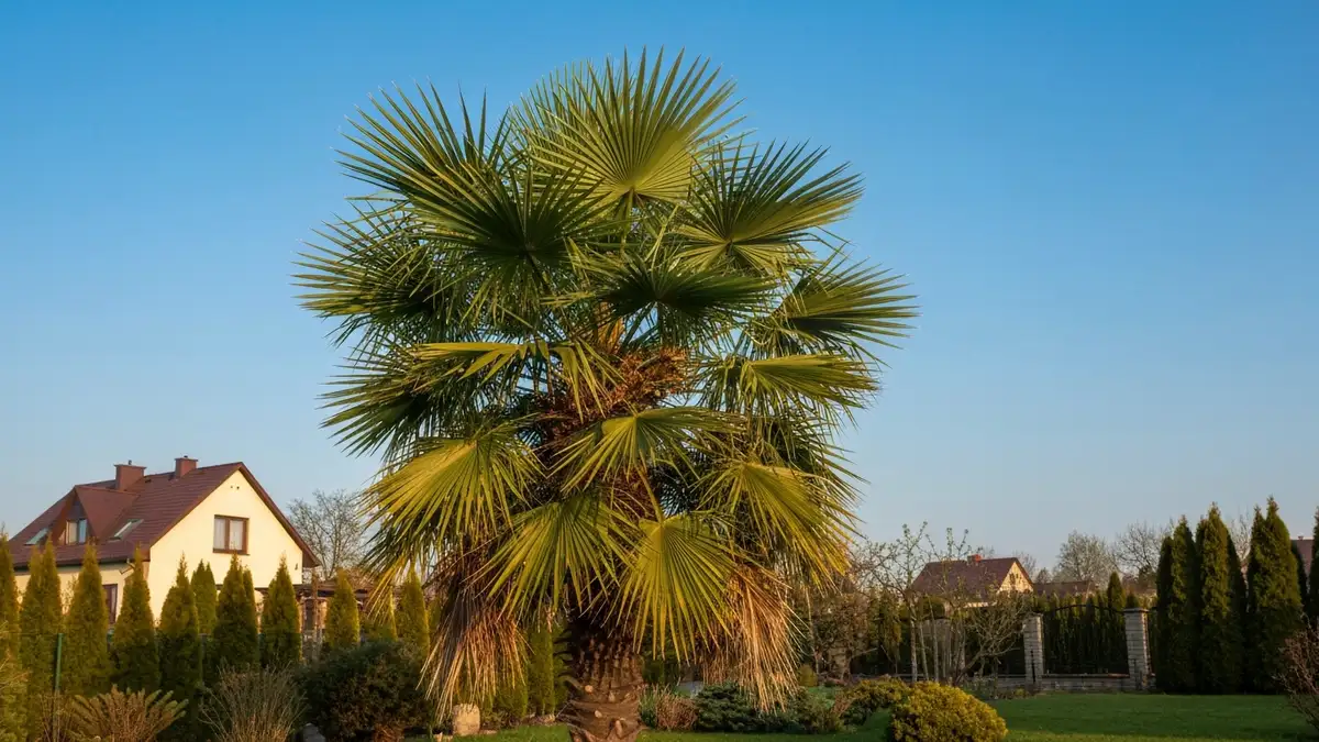 Palma mrozoodporna Trachycarpus posadzona w polskim ogrodzie, duże liście wachlarkowate, pień widoczny, tło domu i przygotowanego ogrodu.