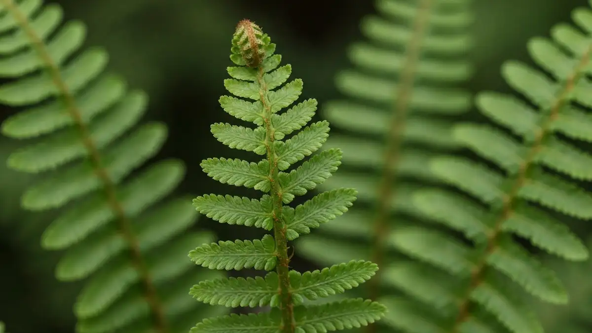 Paproć zwyczajna (Dryopteris filix-mas) ze spuszczającymi się zielonymi frondami w półcieniu ogrodu, mokry glebę, liście mchu wokół kępy
