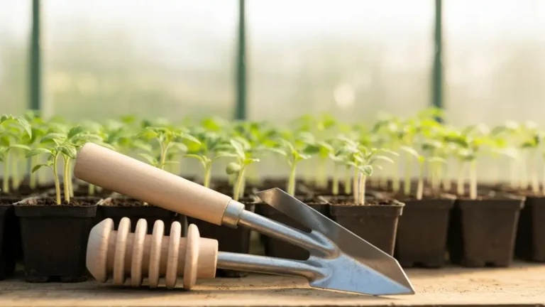 Pikownica drewniana i metalowy plantator leżą obok doniczek z rozsadą pomidorów w szarnikiem, tło ogrodnicze