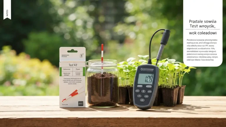 Próbnik NPK gleby, paskowy test i elektroniczny miernik leżą na stole obok próbki gleby w słoiku, na tle ogrodniczych sadzonek