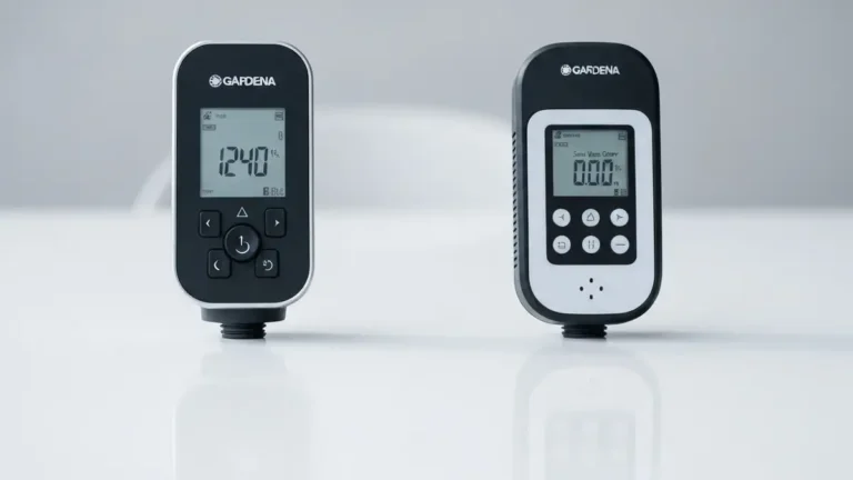 Zestaw Gardena Flex i Smart Water Control obok siebie na stole, widok czołowy z ekranami i czujnikami