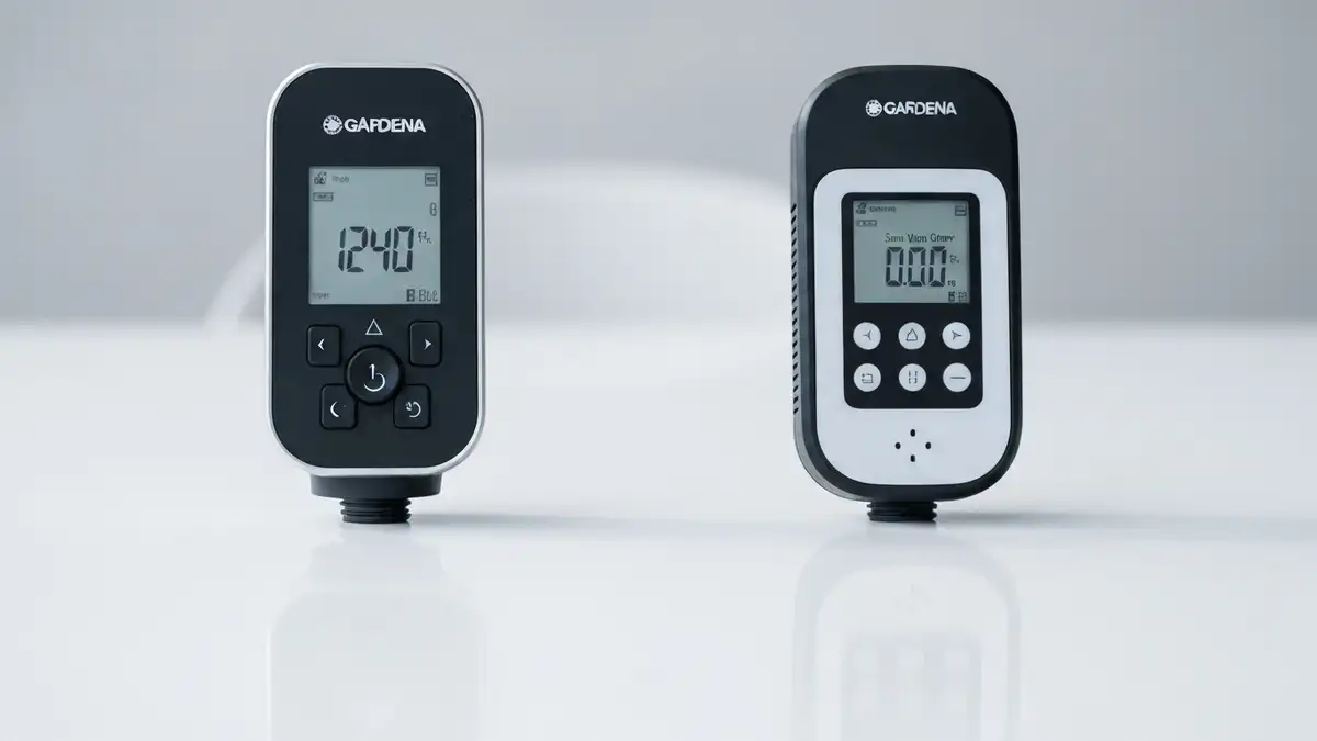 Zestaw Gardena Flex i Smart Water Control obok siebie na stole, widok czołowy z ekranami i czujnikami