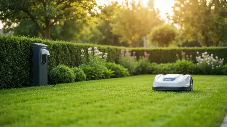 Robot koszący pracujący autonomicznie na zielonym trawniku przydomowym w słoneczny dzień