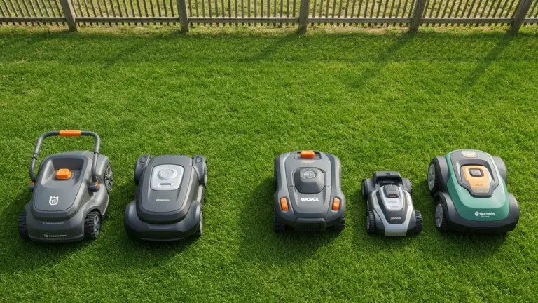 Trzy roboty koszące - Husqvarna, Worx Landroid i Gardena Sileno stojące obok siebie na zielonej trawie, widok z góry